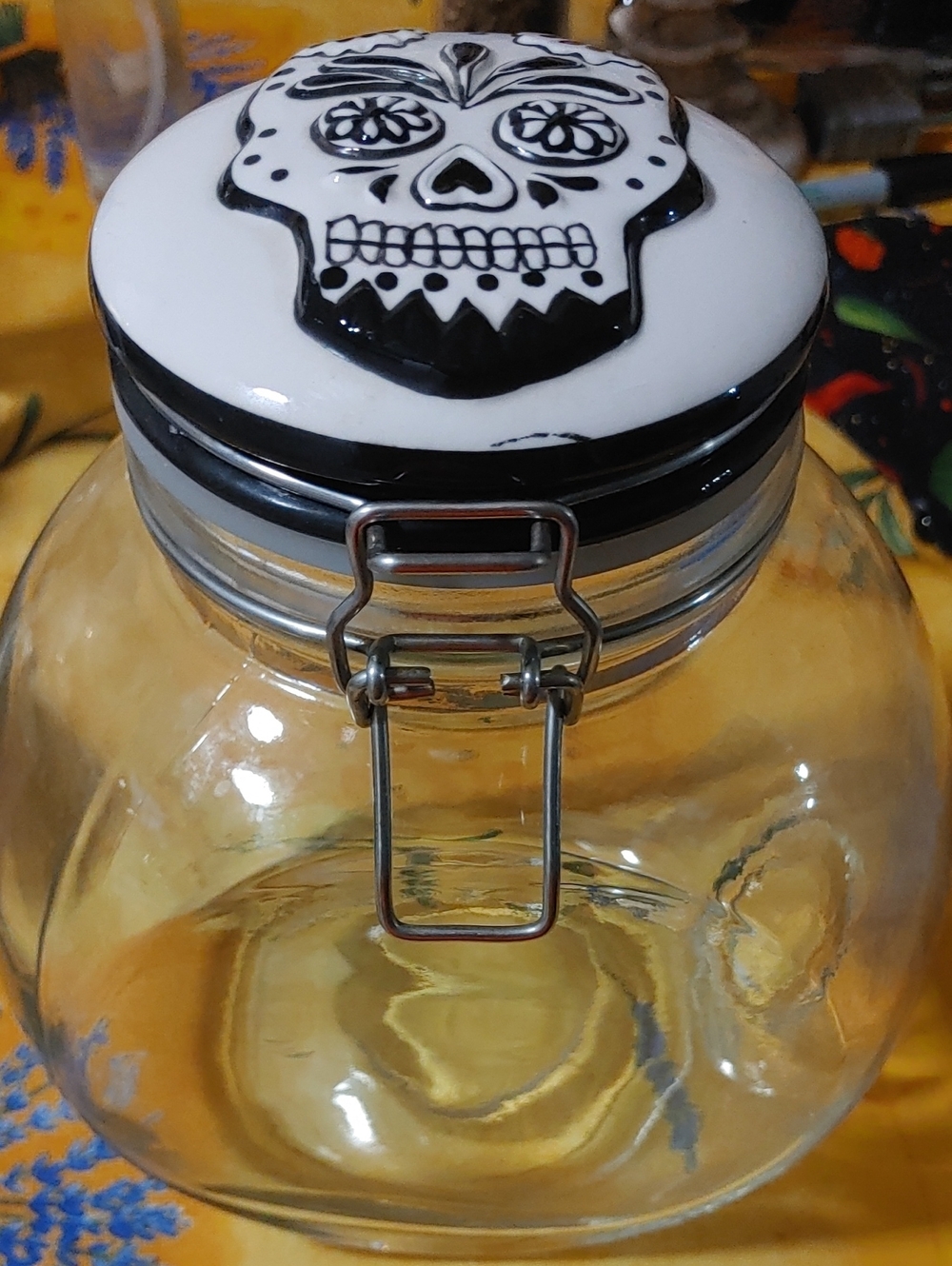 Glass Storage Jar with Decorative Sugar Skull Lid - Black & White